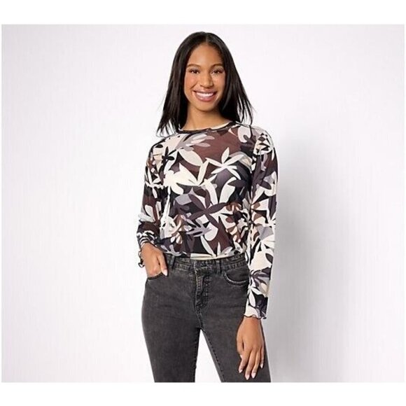 LOGO Layers by Lori Goldstein Printed Long Sleeve Mesh Top Neutral Combo,XXS - Picture 1 of 1
